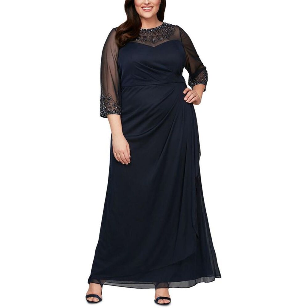 Alex Evenings Navy Blue Embellished Illusion Sleeve Evening Gown